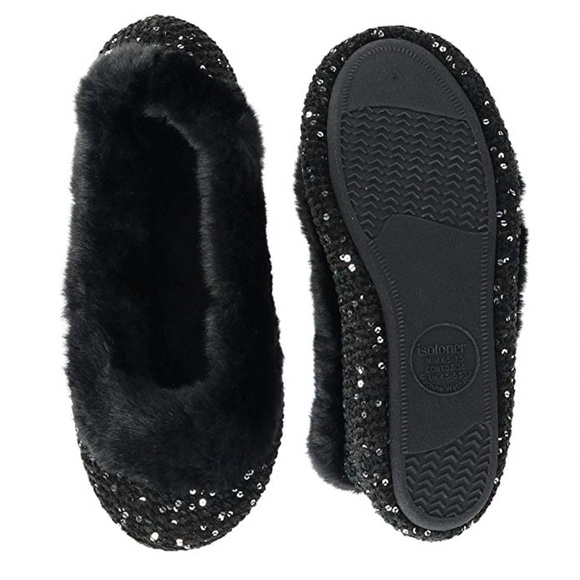 🆕 Isotoner Ballet Flats Knit Lurex Slippers Ballerina Style Black - Picture 2 of 7